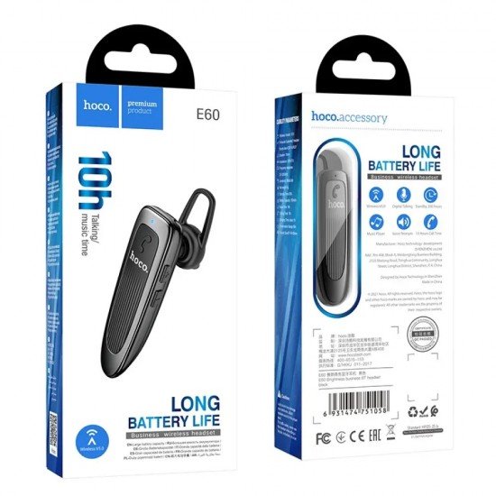 Hoco E60 Wireless Hands Free Brightness Business V.5.0 Μαύρο με Πλήκτρο Ελέγχου και 10 Ώρες Ομιλίας