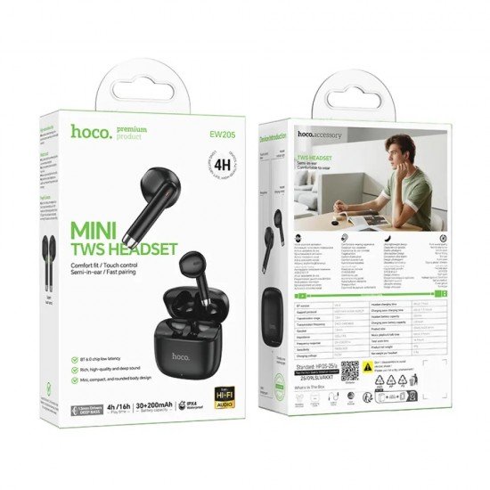HOCO EW205 Wireless Hands Free Peaceful TWS Hi-Fi Audio Deep Bass v6.0 200mAh 4 Ώρες Ομιλίας και Θήκη Φόρτισης Μαύρα