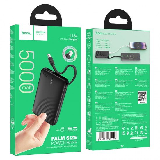 Hoco J134 USB-C Power Bank 5000mAh με Θύρα USB-A Μαύρο