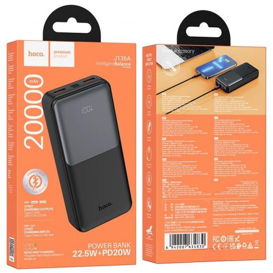 HOCO J136A sirui powerbank 22.5W+PD20W, 20.000MAH, Μαύρο