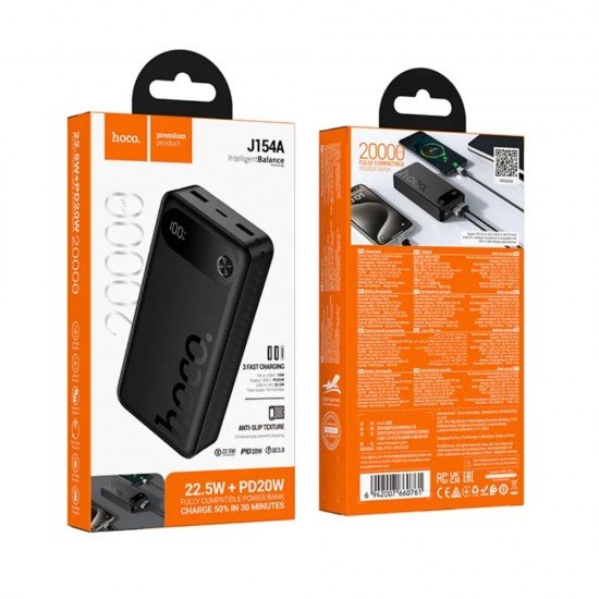 Hoco J154A Power Bank Victorious 20000mAh 1xUSB-C PD20W 2xUSB-A 22.5W και LED Ένδειξη Μπαταρίας Μαύρο