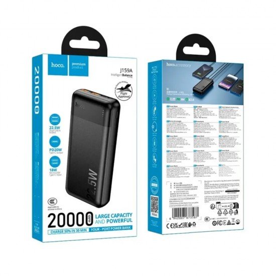 Hoco J159A Power Bank Essence 20000mAh 2xUSB-A 22.5W 1xUSB-C PD20W 1xMicroUSB 18W Digital LED Ένδειξη Μπαταρίας Μαύρο