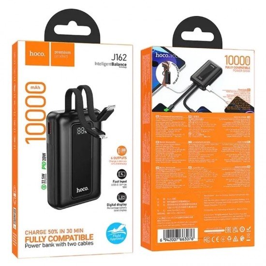 Hoco J162 Power Bank 10000 mAh με Ενσωματωμένα Καλώδια PD 20W QC3.0 22.5W - Μαύρο