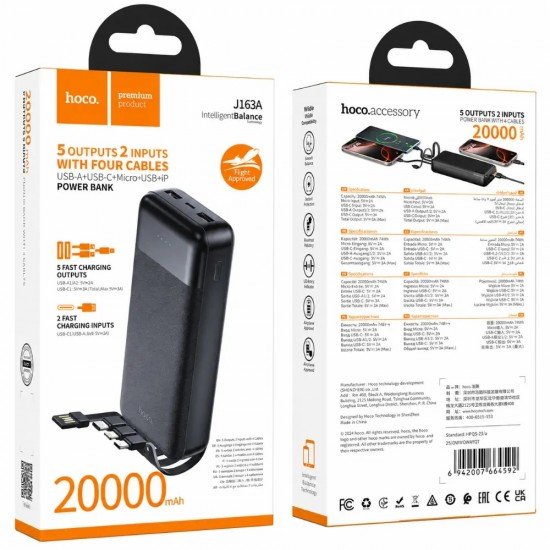 Hoco J163A Power Bank 20000mAh 5V/2A QC 1xUSB-C 2xUSB-A Ενσωματωμένα Καλώδια USB-A USB-C Lightning MicroUSB και LED Ένδειξη Μαύρο