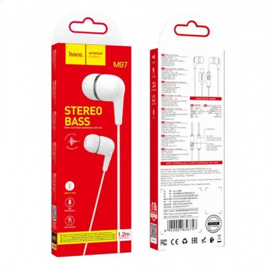 Hoco M97 Hands Free Enjoy Universal Earphones Stereo Bass USB-C με Μικρόφωνο Συμβατά με Όλες τις Συσκευές USB-C Λευκό 1.2m