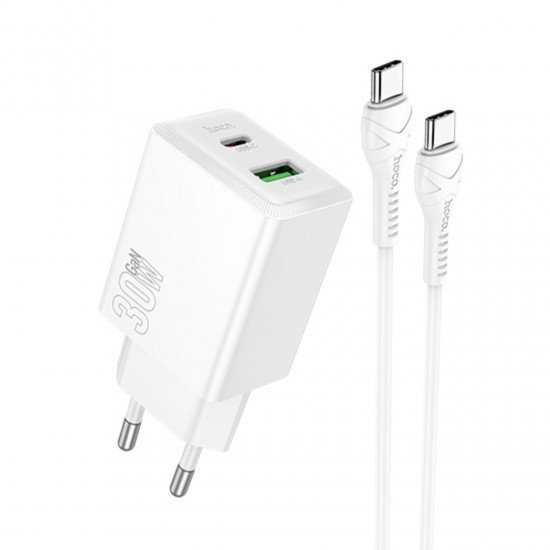 HOCO 220V 30W, GaN, USB-A + USB-C + cable Type-C - Type-C, Nuevo /white/ - N71