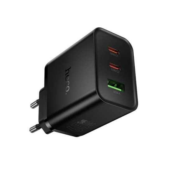 Hoco N75 Φορτιστής Ταξιδίου Grande GaN 65W High Power Fast Charge με 2xUSB-C και 1xUSB-A Μαύρος