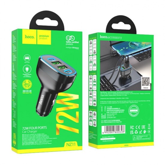 HOCO Car Charger 2 x USB A + 2 x Type C PD QC 72W NZ11 Black