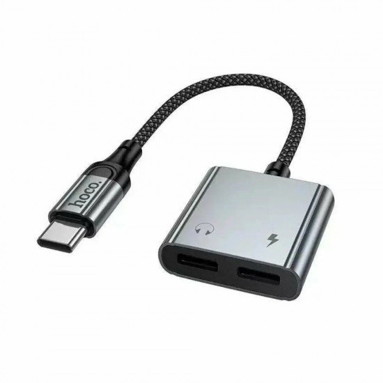 Hoco UPA34A Αντάπτορας USB-C με Διπλή Εξοδο σε 2xUSB-C για Τροφοδοσία και Ηχο με Braided Καλώδιο Γκρί