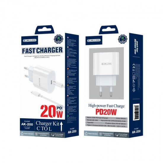 JELLICO wall charger AK200 PD 20W 1xUSB-C + cable USB-C - Lightning White