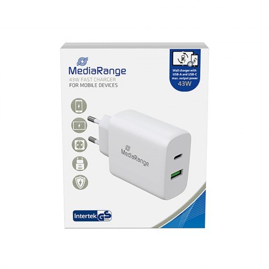 MediaRange 43W fast charger with USB-A and USB-C output, white (MRMA113)