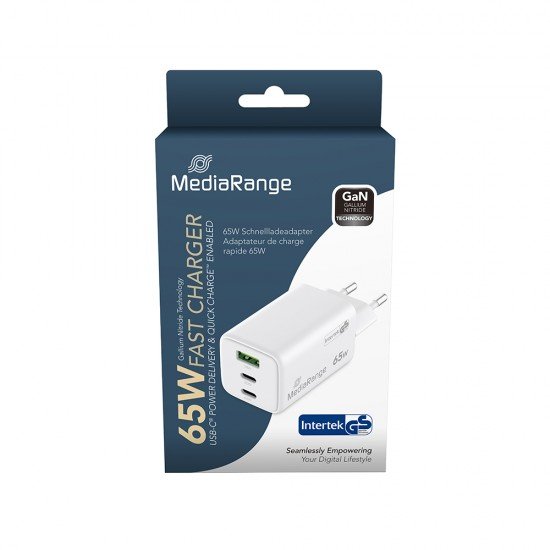 MediaRange 65W GaN Fast Charging Adapter (EU-Plug), 2x USB-C and 1x USB-A, USB-C® Power Delivery and Quick Charge enabled, White (MRMA116-2)