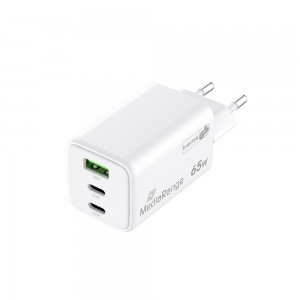 MediaRange 65W GaN Fast Charging Adapter (EU-Plug), 2x USB-C and 1x USB-A, USB-C® Power Delivery and Quick Charge enabled, White (MRMA116-2)