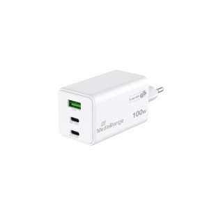 MediaRange 100W GaN Fast Charging Adapter 2x USB-C and 1x USB-A & USB-C Power Delivery and Quick Charge enabled White (MRMA123)