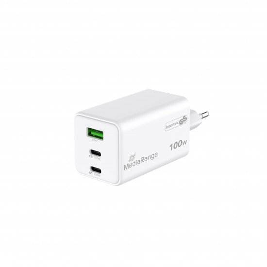 MediaRange 100W GaN Fast Charging Adapter 2x USB-C and 1x USB-A & USB-C Power Delivery and Quick Charge enabled White (MRMA123)
