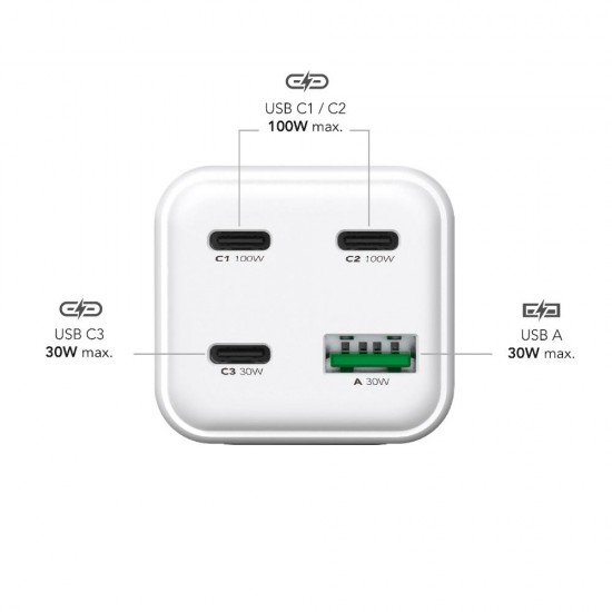 MediaRange 100W GaN Fast Charging Station, 1.5m Cable (EU-Plug), 3x USB-C and 1x USB-A, USB-C® Power Delivery and Quick Charge enabled, White (MRMA124)