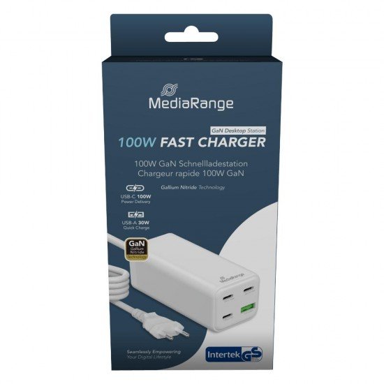 MediaRange 100W GaN Fast Charging Station, 1.5m Cable (EU-Plug), 3x USB-C and 1x USB-A, USB-C® Power Delivery and Quick Charge enabled, White (MRMA124)