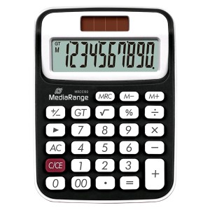 MediaRange Compact calculator with 10-digit LCD, solar and battey-powered, black/white (MROS190)