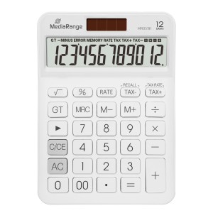 MediaRange Calculator with tax function, 12-digit LCD, solar and battery powered, white (MROS191)