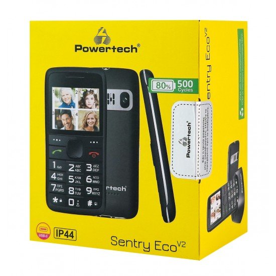 POWERTECH κινητό τηλέφωνο Sentry Eco V2, dual SIM, πλήκτρο SOS, μαύρο