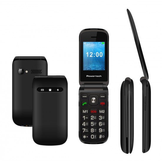 POWERTECH κινητό τηλέφωνο Milly Flip V2, 2.4", dual SIM, πλήκτρο SOS, μαύρο (PTM-38)