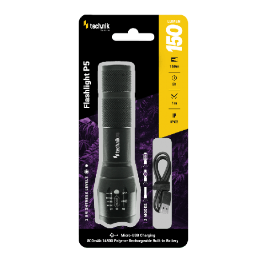 Technik Φακός P5 (+1x14500 800mAh) XPE LED με Καλώδιο Micro USB 150lm