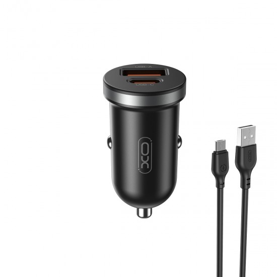 XO car charger CC56 PD 30W QC 1x USB 1x USB-C black + USB - microUSB cable