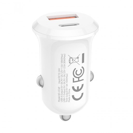 XO CC69 Universal φορτιστής αυτοκινήτου με 2 εξόδους, 1x USB-A & 1x USB-C σε λευκό χρώμα