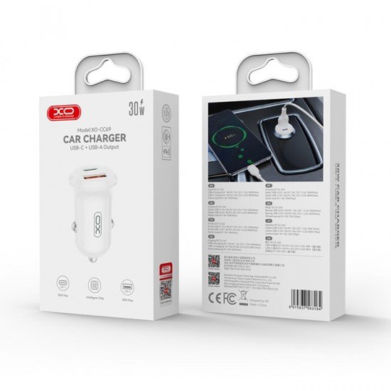 XO CC69 Universal φορτιστής αυτοκινήτου με 2 εξόδους, 1x USB-A & 1x USB-C σε λευκό χρώμα