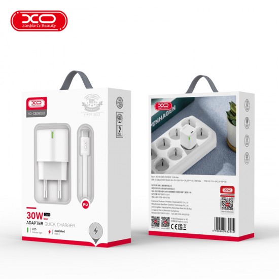 XO CE06 PD 30W 1x USB-C white charger + USB-C - Lightning cable