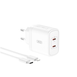 XO CE08 PD 50W 2x USB-C white charger + USB-C - Lightning cable