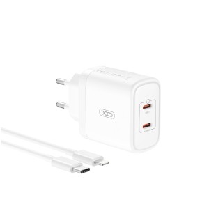 XO CE08 PD 50W 2x USB-C white charger + USB-C - Lightning cable XO CE08 PD 50W 2x USB-C white charger + USB-C - Lightning cable