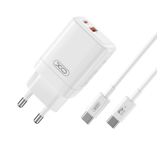 XO CE16 PD 45W wall charger 1x USB-C 1x USB white + USB-C - USB-C cable