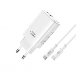 XO CE17 PD 65W wall charger 1x USB-C 1x USB white + USB-C - USB-C cable