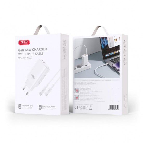 XO CE17 PD 65W wall charger 1x USB-C 1x USB white + USB-C - USB-C cable