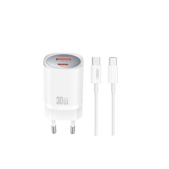 XO CE21 PD 30W wall charger 1x USB-C 1x USB white + USB-C - USB-C cable