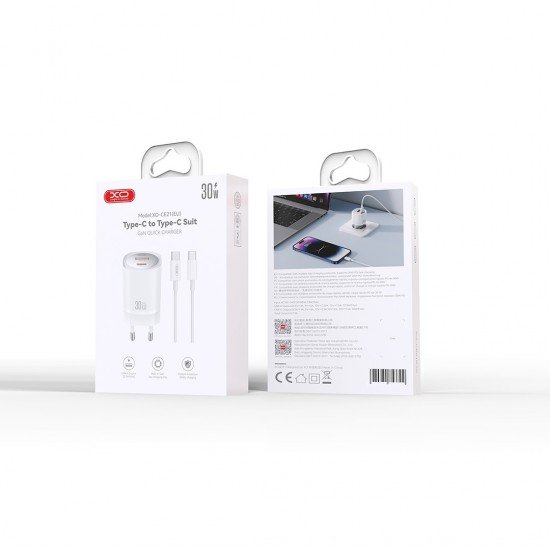 XO CE21 PD 30W wall charger 1x USB-C 1x USB white + USB-C - USB-C cable