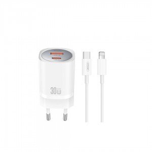 XO CE21 PD 30W wall charger 1x USB-C 1x USB white + USB-C - Lightning cable XO CE21 PD 30W wall charger 1x USB-C 1x USB white + USB-C - Lightning cable