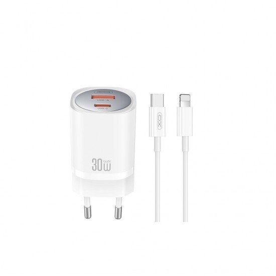 XO CE21 PD 30W wall charger 1x USB-C 1x USB white + USB-C - Lightning cable