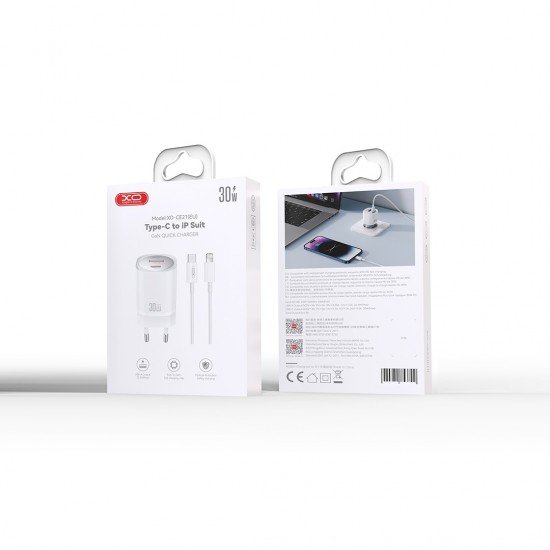XO CE21 PD 30W wall charger 1x USB-C 1x USB white + USB-C - Lightning cable