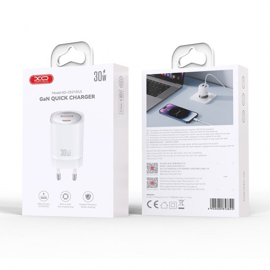 XO CE21 PD 30W wall charger 1x USB-C 1x USB white