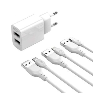 XO L109 (EU) Dual USB-A 2.4A Charger With Type-C Cable XO L109 (EU) Dual USB-A 2.4A Charger With Type-C Cable
