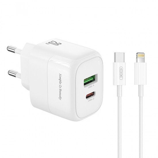 XO L137 (EU) PD20W/QC18W (1 USB-A + 1 USB-C) fast charging charger with lightning cable (NB189A)