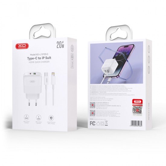 XO L137 (EU) PD20W/QC18W (1 USB-A + 1 USB-C) fast charging charger with lightning cable (NB189A)