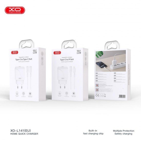 XO L141 φορτιστής 20W, 1 θύρα TYPE-C με καλώδιο PD σε LIGHTNING, Λευκό