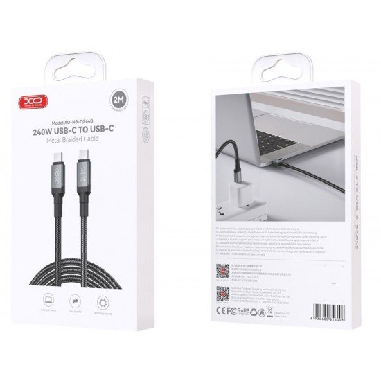 XO NB-Q264B Cable Type-C - Type-C, 2 m, 240W, Metal Braided, black