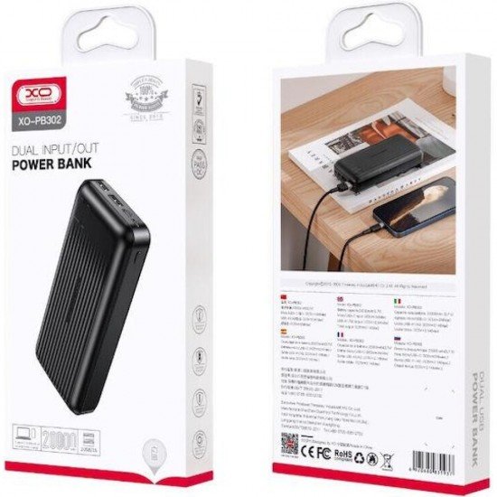 XO PB302, POWERBANK, ΜΕ LED ΟΘΟΝΗ, 20000mAh, ΜΑΥΡΟ