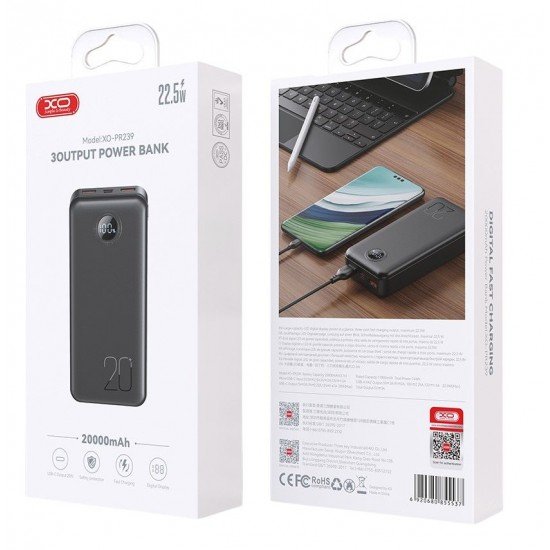 XO PR239 USB-C 20W/USB-A 22.5W power bank γρήγορης φόρτισης με οθόνη 20000mAh