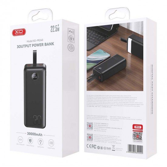 XO PR240 Power Bank Γρήγορης Φόρτισης USB-C 20W/USB-A 22.5W με οθόνη 30000mAh