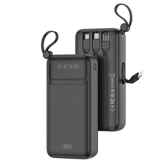 XO PR279 Power Bank 20.000 mAh, με 4 ενσωματωμένα καλώδια σε μαύρο χρώμα